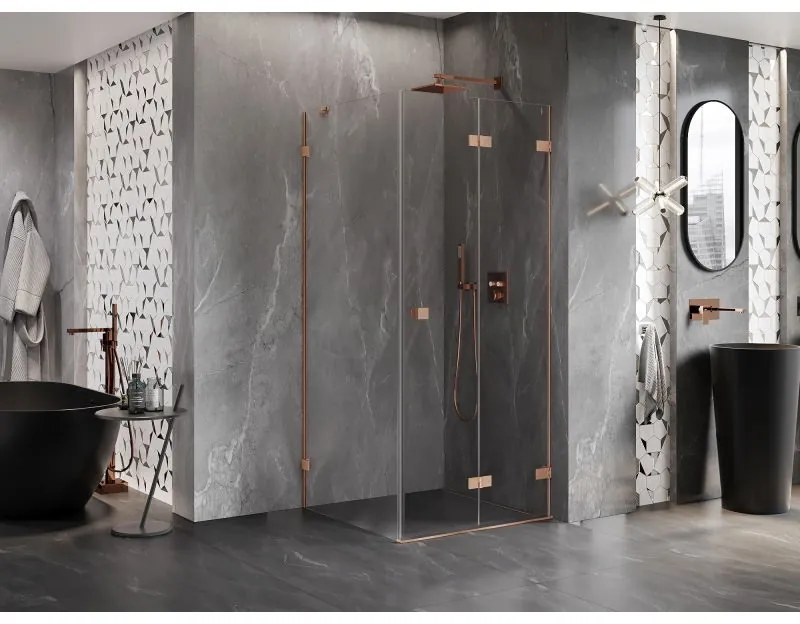 Mexen Lunar-F, 1-krídlový sprchový kút so skladacími dverami, pravý, 70 x 70 cm, 8mm číre sklo, medený profil, 836-070-070-65-00-P
