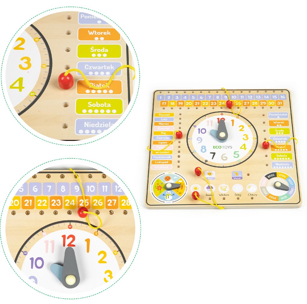 Drevená manipulačná tabuľa s kalendárom a hodinami