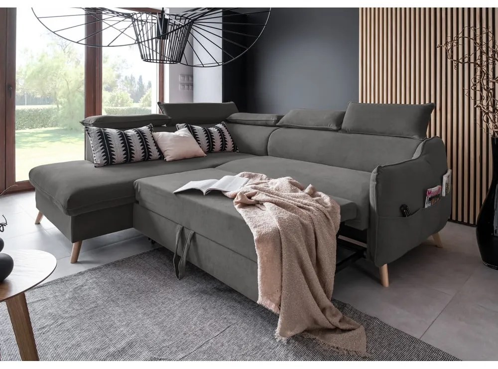 Tmavosivá zamatová rozkladacia rohová pohovka (ľavý roh) Sweet Harmony – Miuform