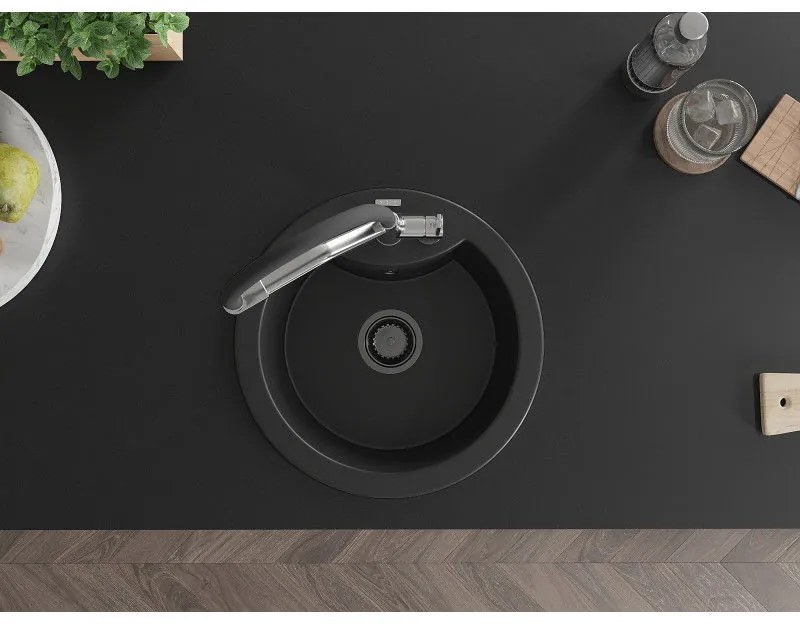 Mexen Diego, 1-komorový granitový drez 488x488x167 mm a drezová batéria Duo, čierna, 6512-77-671701-07-B