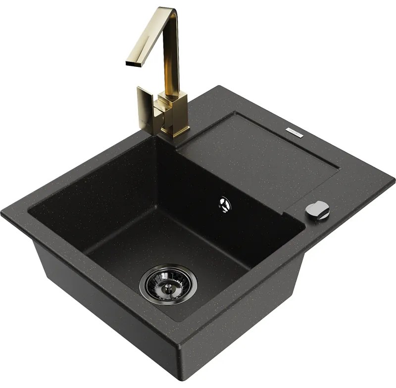 Mexen Enzo, granitový drez 576x465x174 mm, 1-komorový a zlatá batéria Rita, čierna-zlatá metalíza, 6506-75-670300-50-B