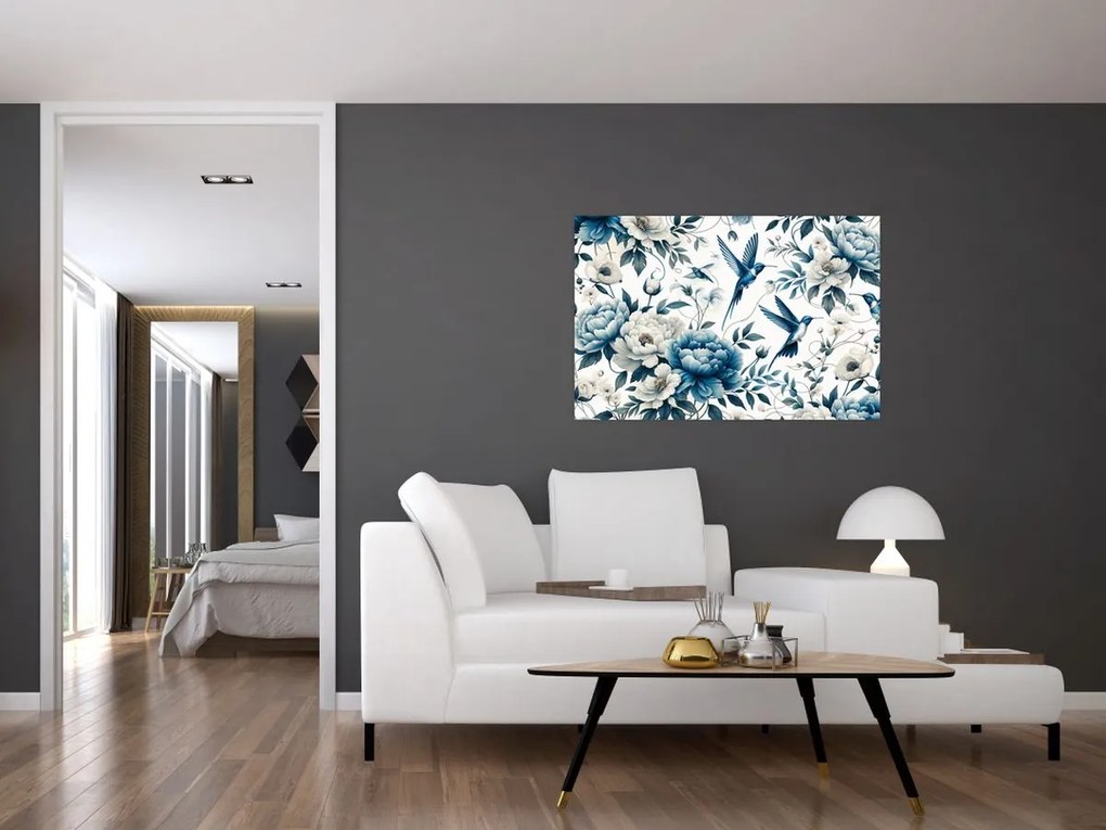 Obraz - Kolibríky s kvetmi (90x60 cm)
