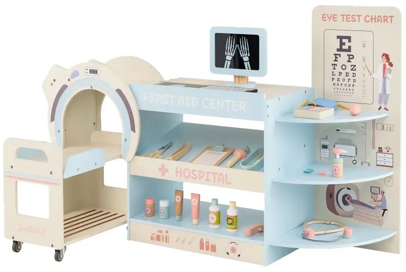 Detský lekársky set na hranie s očnou tabuľkou a hračkárskym CT prístrojom drevená súprava na hranie rolí v nemocnici modrá