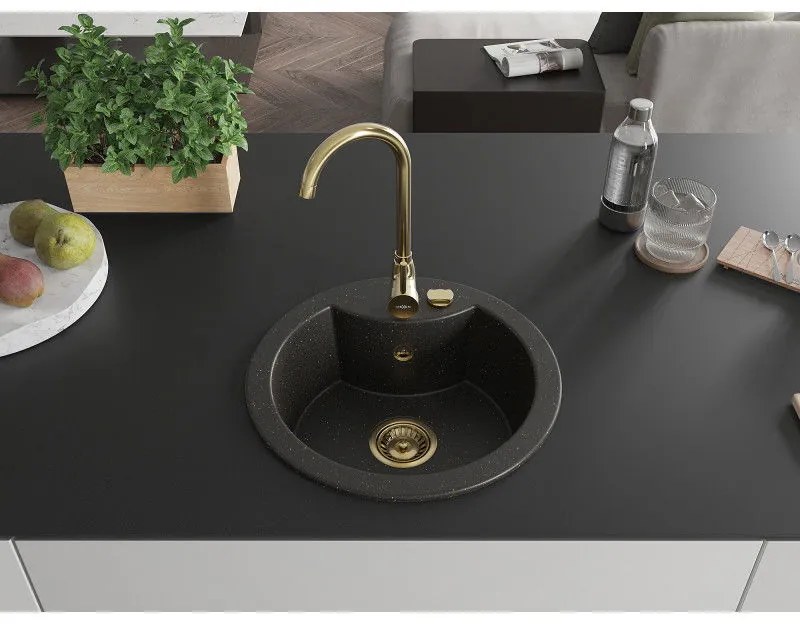 Mexen Diego, granitový drez 488x488x167 mm, 1-komorový, čierna-zlatá metalíza so zlatým sifónom, 6512481000-75-G