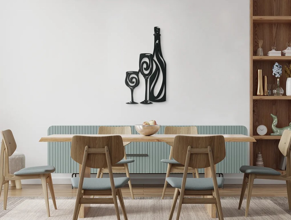 drevko Drevená nálepka Fľaša vína a dva poháre Rozmer obrazu: 44,5 x 23,5 cm, Farba dekorácie: Čierna