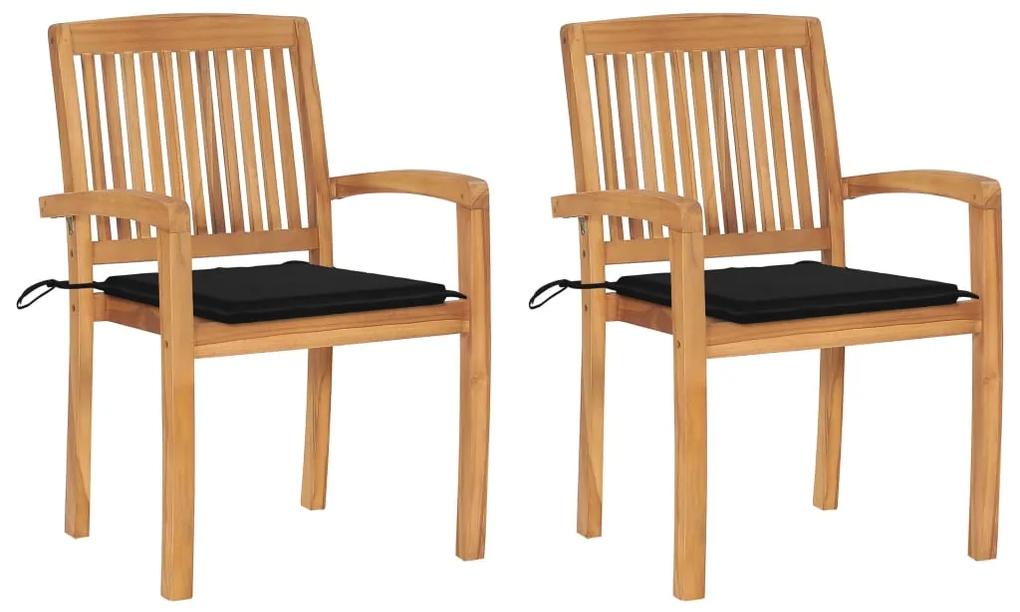Záhradné stoličky 2 ks, čierne podložky, tíkový masív 3063259