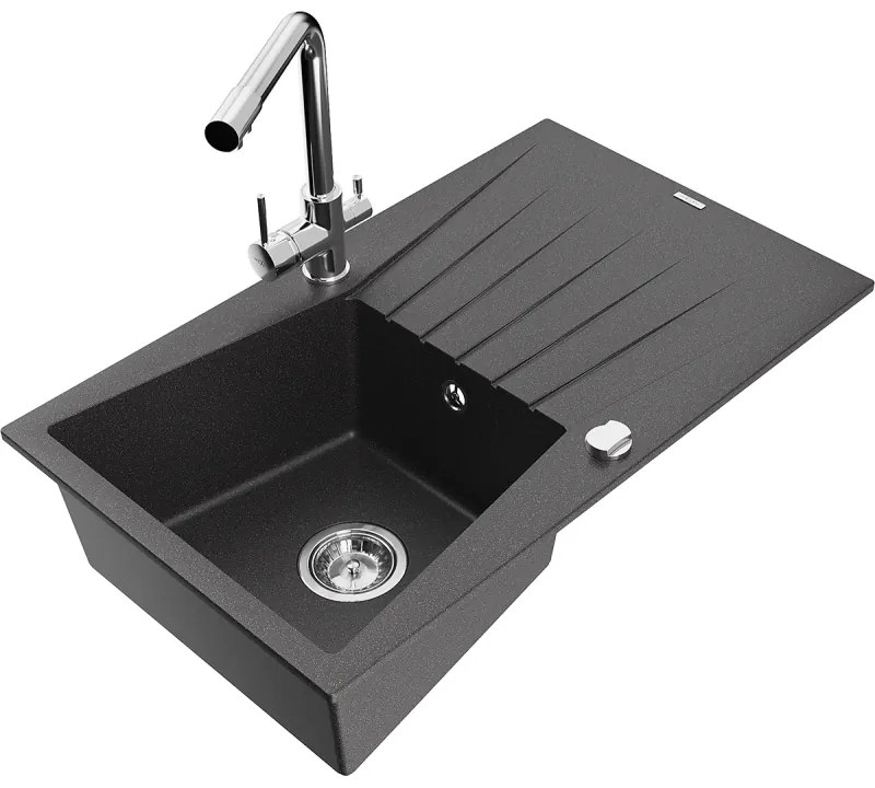 Mexen Cesar, granitový drez 775x470x190 mm, 1-komorový a chrómová batéria Duero, čierna škvrnitá, 6514-76-671600-00