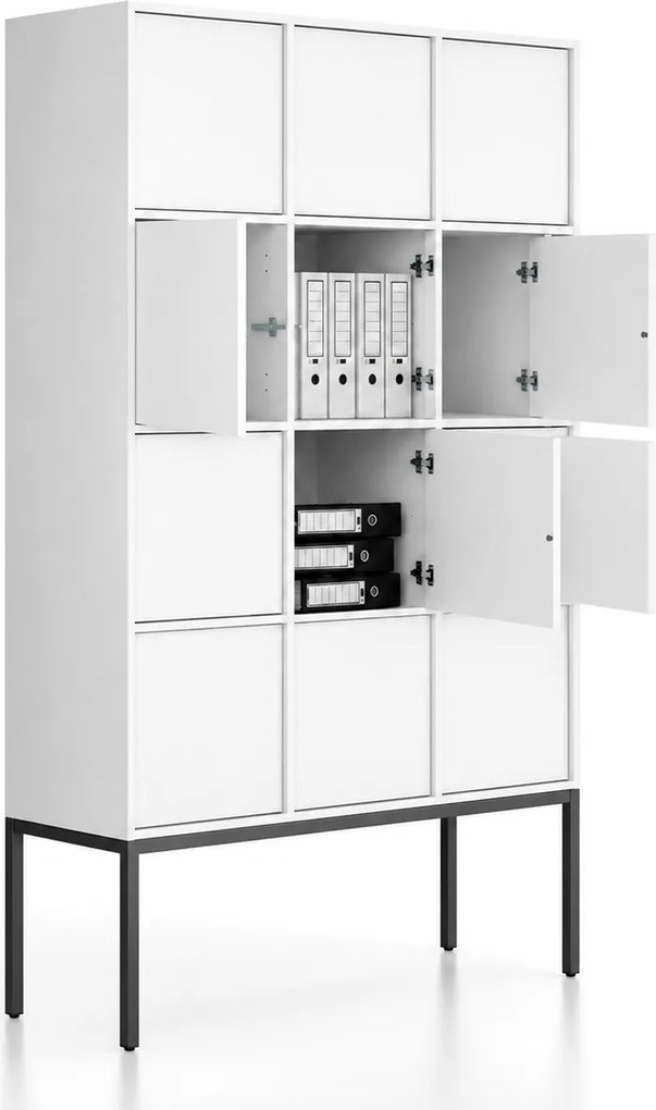 Kancelárska skriňa FRAME, čierna podnož, 12x dvere, 1299 x 450 x 2185 mm, PUSH-lock, biela