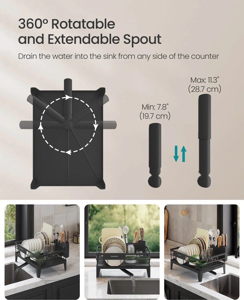 Sušička riadu, otočná o 360° a s výsuvným odtokom, čierna