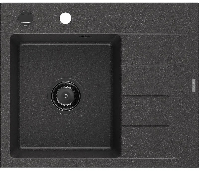 Mexen Ben, 1-komorový granitový drez 600x500x190 mm, ľavý + čierny sifón, čierna škvrnitá, 6522605000-76-B