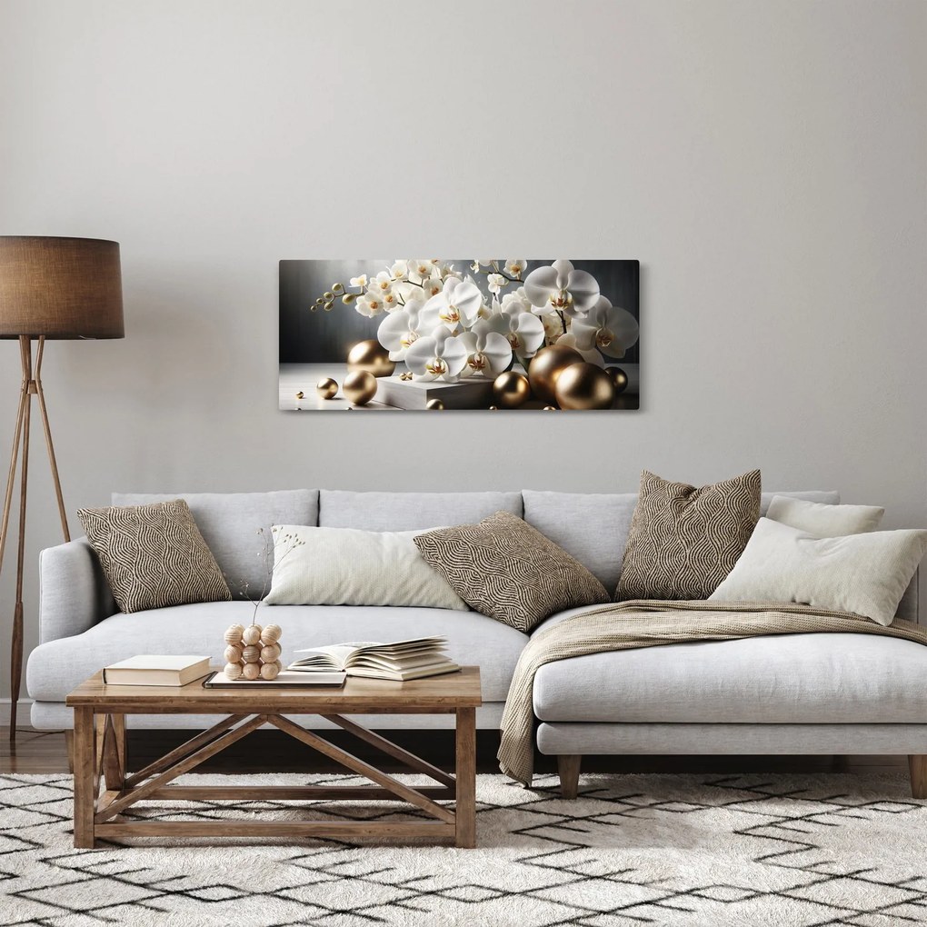 Obraz - Orchidea a zlaté gule (120x50 cm)