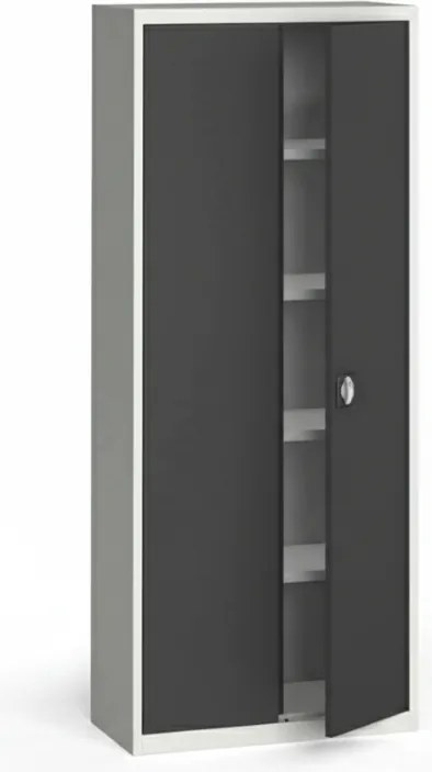 Plechová policová skriňa na náradie KOVONA, 1950 x 800 x 400 mm, 4 police, sivá/tmavo sivá