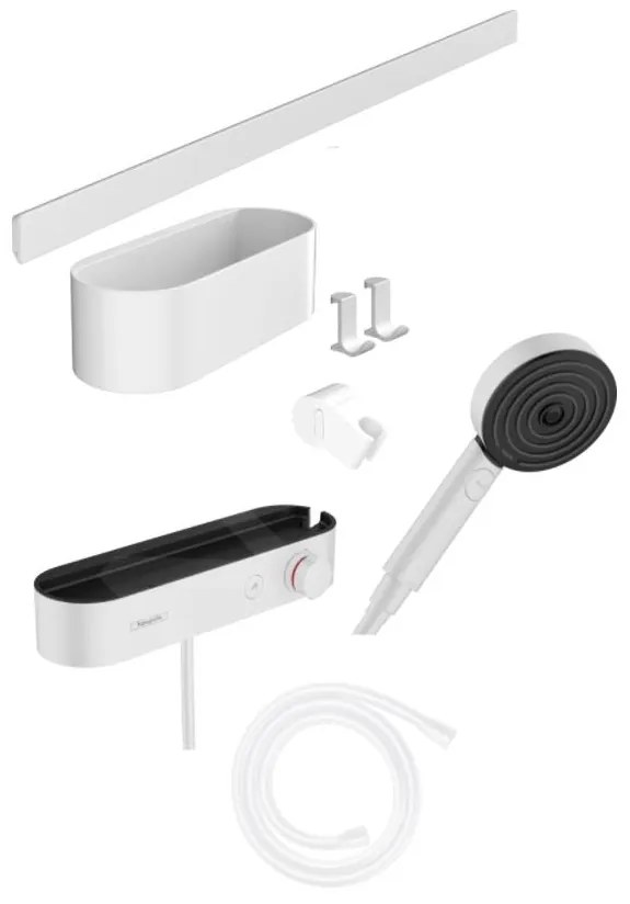 Hansgrohe WallStoris, Set sprchovej hlavice 105, 3 prúdy, termostatu a kúpeľňových doplnkov, matná biela, HAN-24250700