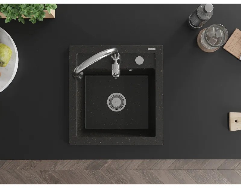 Mexen Vito, 1-komorový granitový drez 520x490x210 mm a drezová batéria Savita, čierna-zlatá metalíza, 6503-75-672601-00