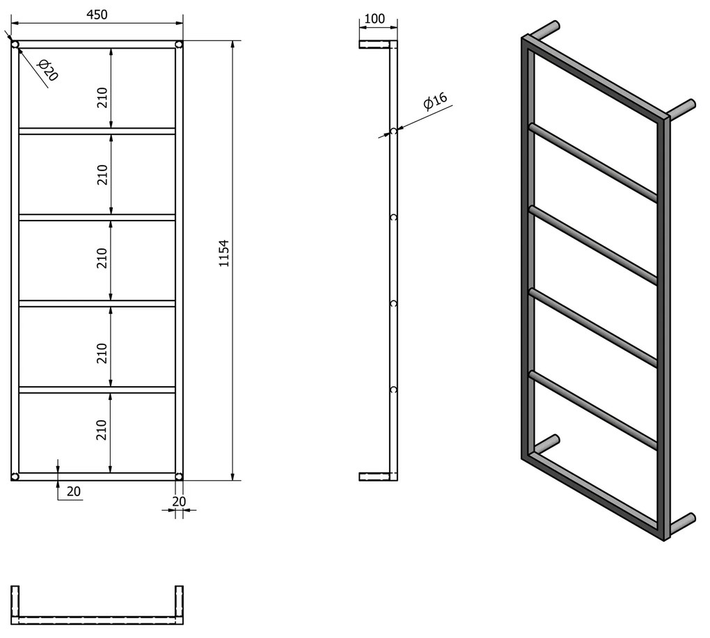 Sapho, SKA Nástenný držiak uterákov, 450x1150x100mm, čierna mat, SKA501