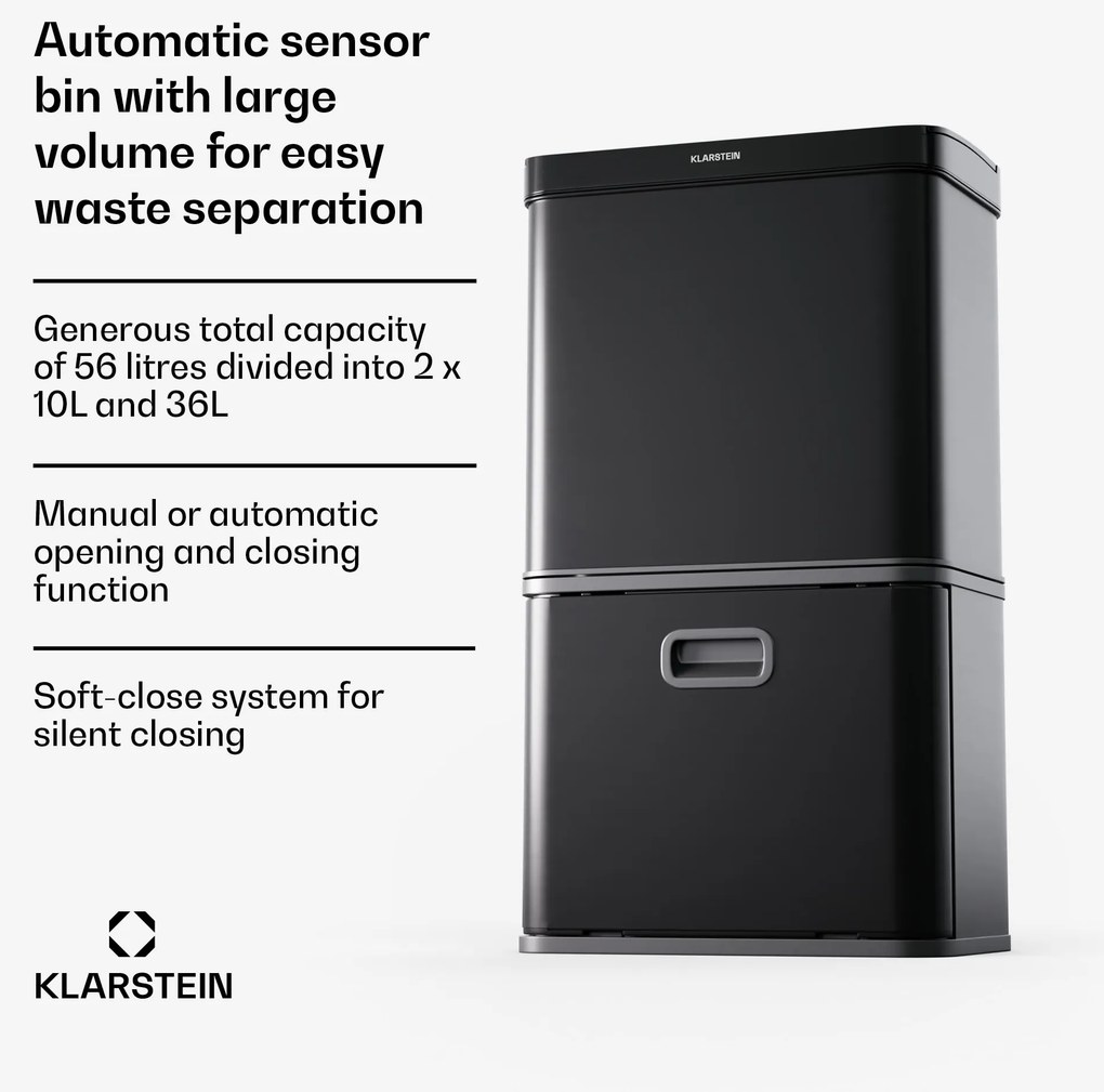 Klarstein Touchless, senzorový odpadkový kôš, 56 l, z nehrdzavejúcej ocele, 3 koše, Soft-Close zatváranie, napájaný batériou, LED displej, časovač