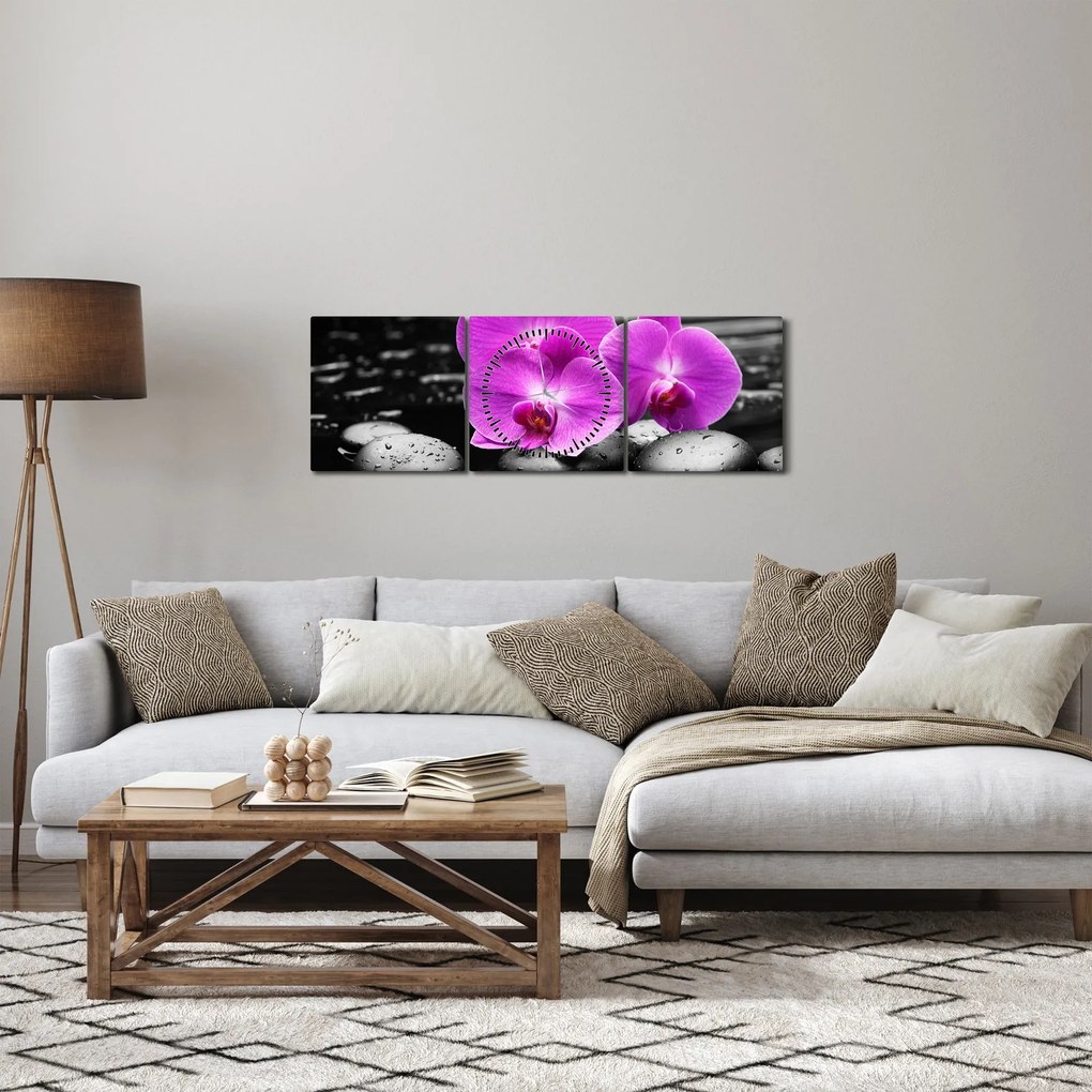 Obraz - Fialové orchidey (s hodinami) (90x30 cm)