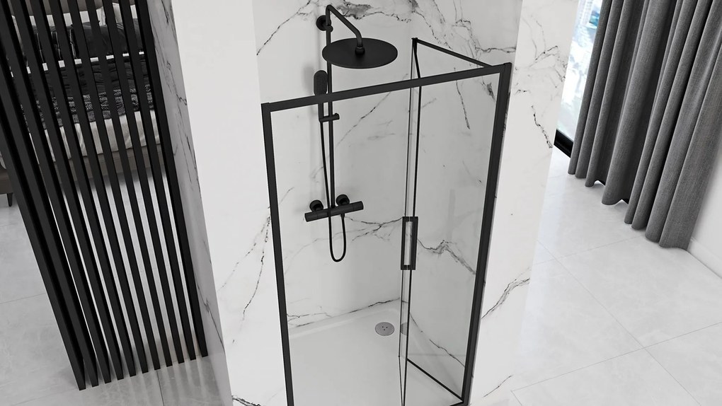 Zalamovacie sprchové dvere REA RAPID FOLD 80 cm pre inštaláciu do niky, čierne/transparent - bez vaničky
