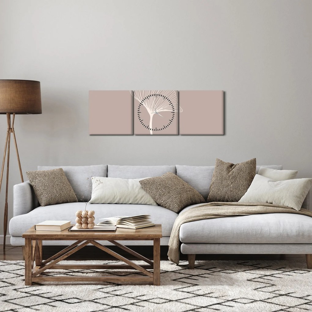 Obraz - Béžové listy N⁰5 (s hodinami) (90x30 cm)