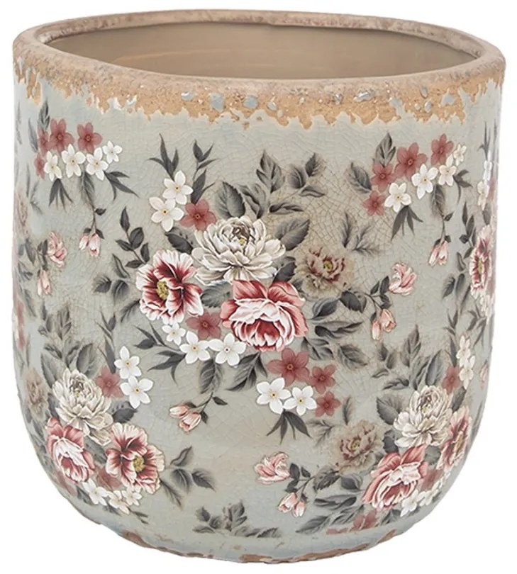 Šedý keramický dekoračný kvetináč s kvetmi Floria L - Ø 17*16 cm