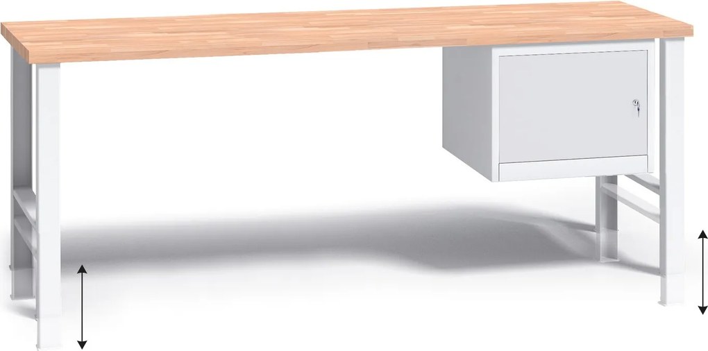Výškovo nastaviteľný pracovný stôl do dielne G3 so závesnou skrinkou na náradie, buková škárovka, 2000 x 685 x 840 - 1050 mm, sivá