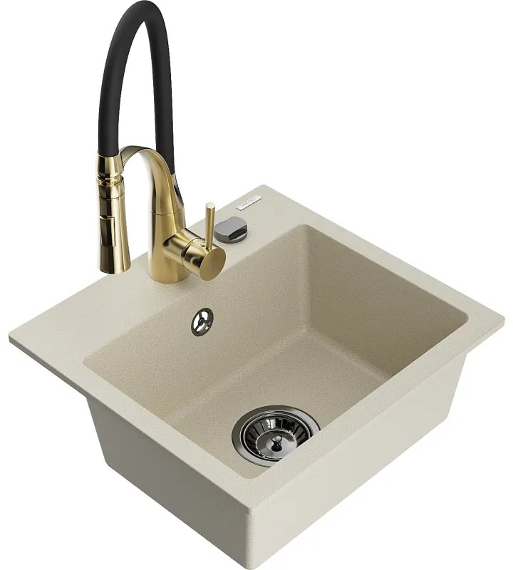 Mexen Milo, 1-komorový granitový drez 435x410x171 mm a drezová batéria Aster, béžová, 6505-69-73450-57-B