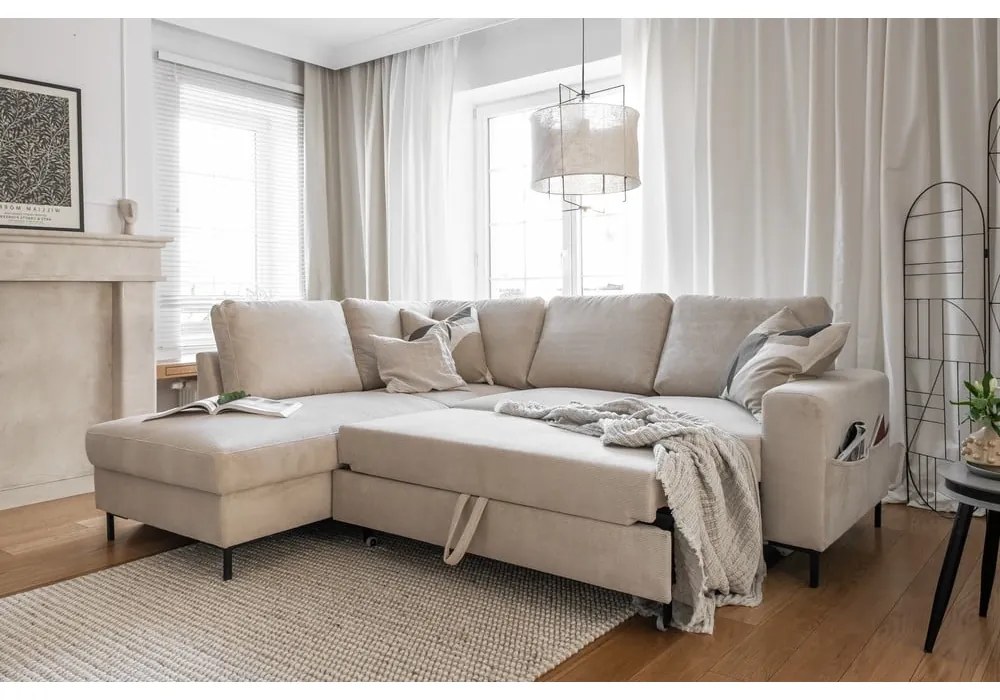 Béžová menčestrová rozkladacia rohová pohovka (ľavý roh) Lofty Lilly – Miuform