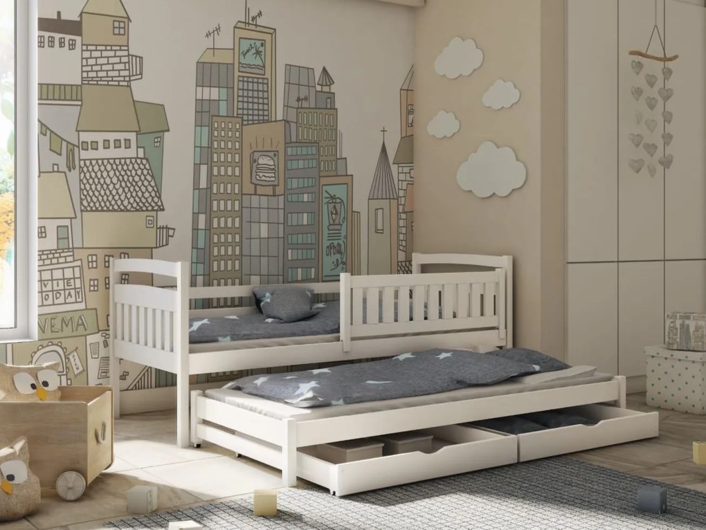 Detská posteľ z masívu borovice GABRIEL s prístelkou a šuplíky - 200x90 cm - biela