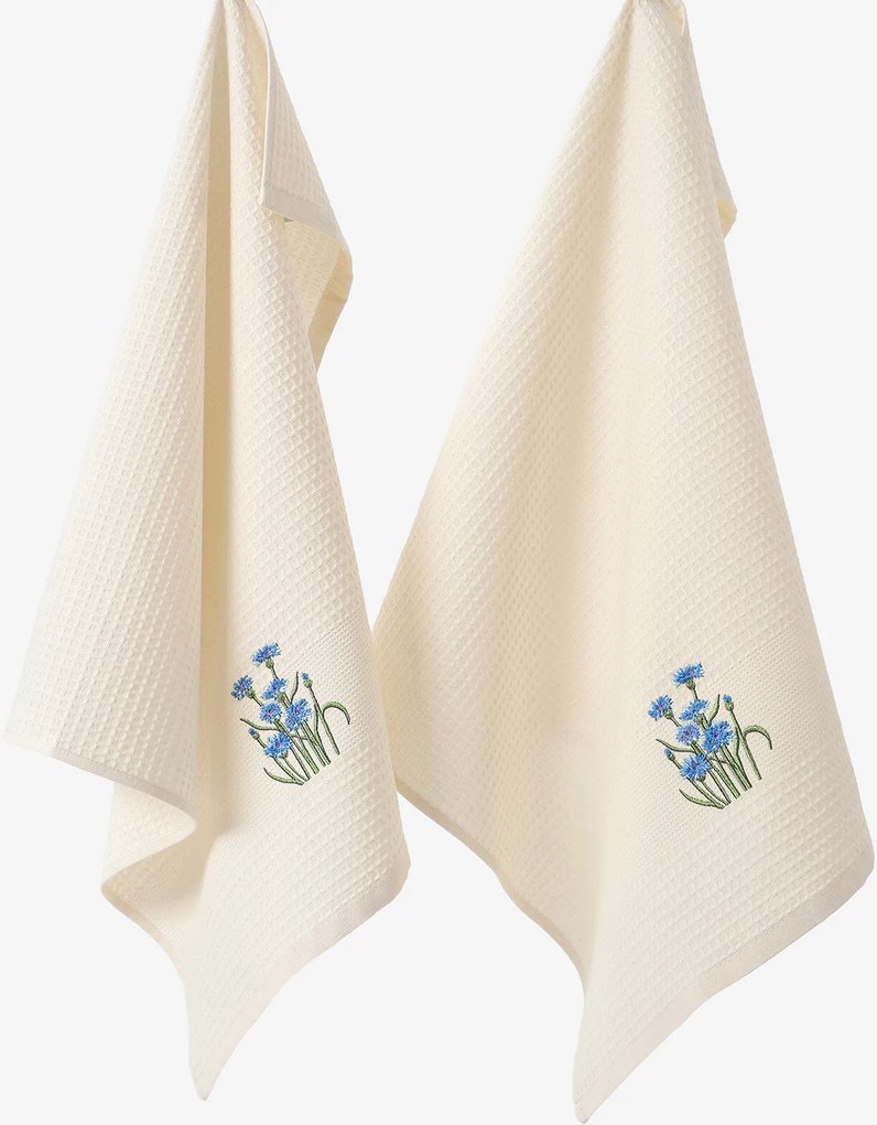 Goldea kuchynská vaflová utierka s výšivkou - chrpy na krémovom 50 x 70 cm