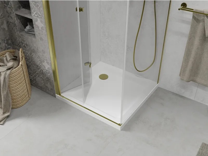 Mexen Lima sprchovací kút 90 (dvere) x 90 (stena) cm, 6mm číre sklo, zlatý profil + SLIM sprchová vanička biela 5cm, 856-090-090-50-00-4010
