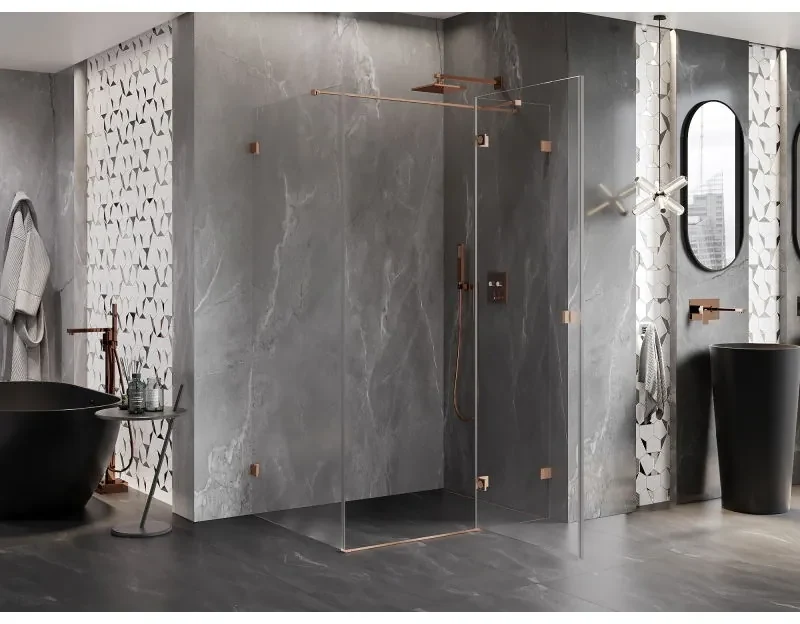 Mexen Lunar T, sklopný pravý sprchový kút 140 x 70 cm, 8mm číre sklo, profil medená matná, 834T-140-070-65-00-P