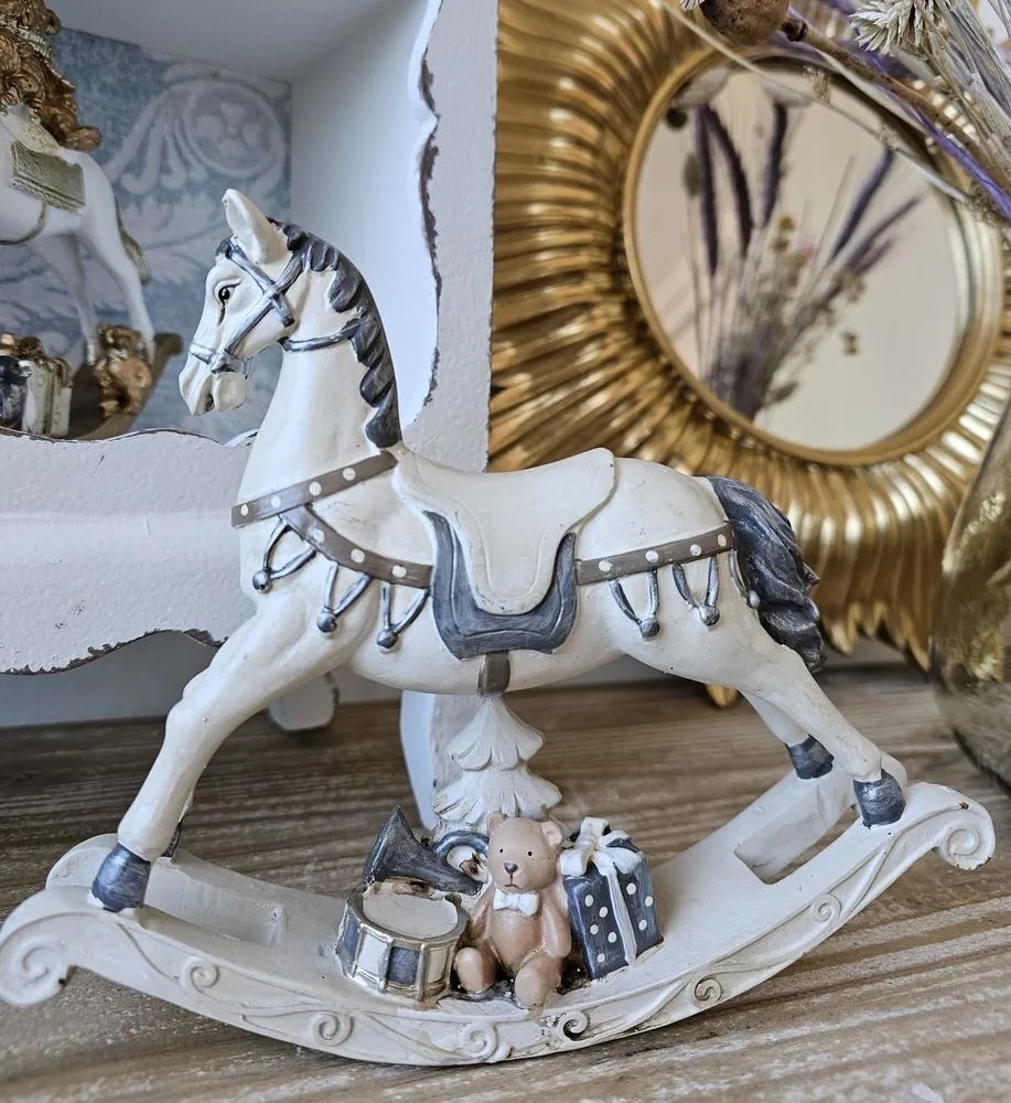 Bielo - šedá antik vianočné dekorácie hojdací koník - 21*5*18 cm