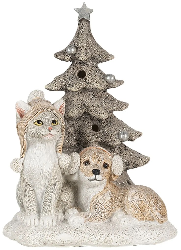 Vianočné dekoratívne soška psíka a mačičky u stromčeku - 11 * 9 * 15 cm LED osvetlenie