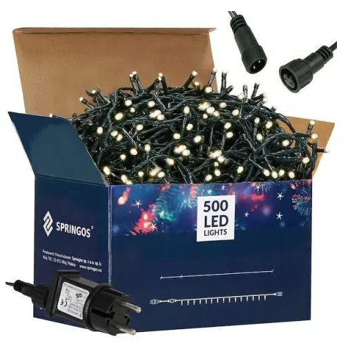 SPRINGOS LED svetelná reťaz - 27,5m, 500LED, 8 funkcií, IP44, teplá biela