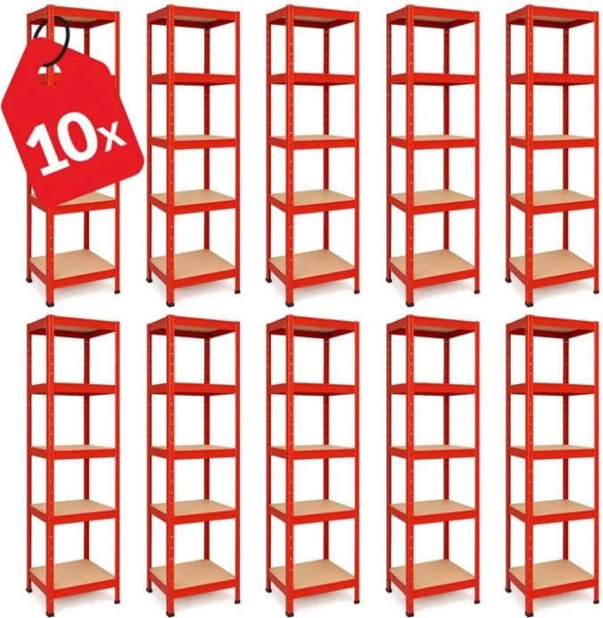 Akcia 10x Regál 180x40x40 cm lakovaný 5-policový, nosnosť 875 kg - červený