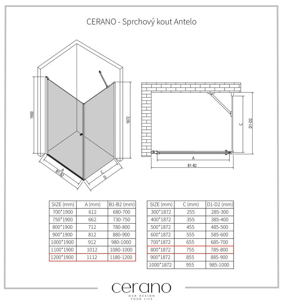 CERANO - Sprchovací kút Antelo L/P - čierna matná, transparentné sklo - 120x80 cm - krídlový, CER-CER-482230