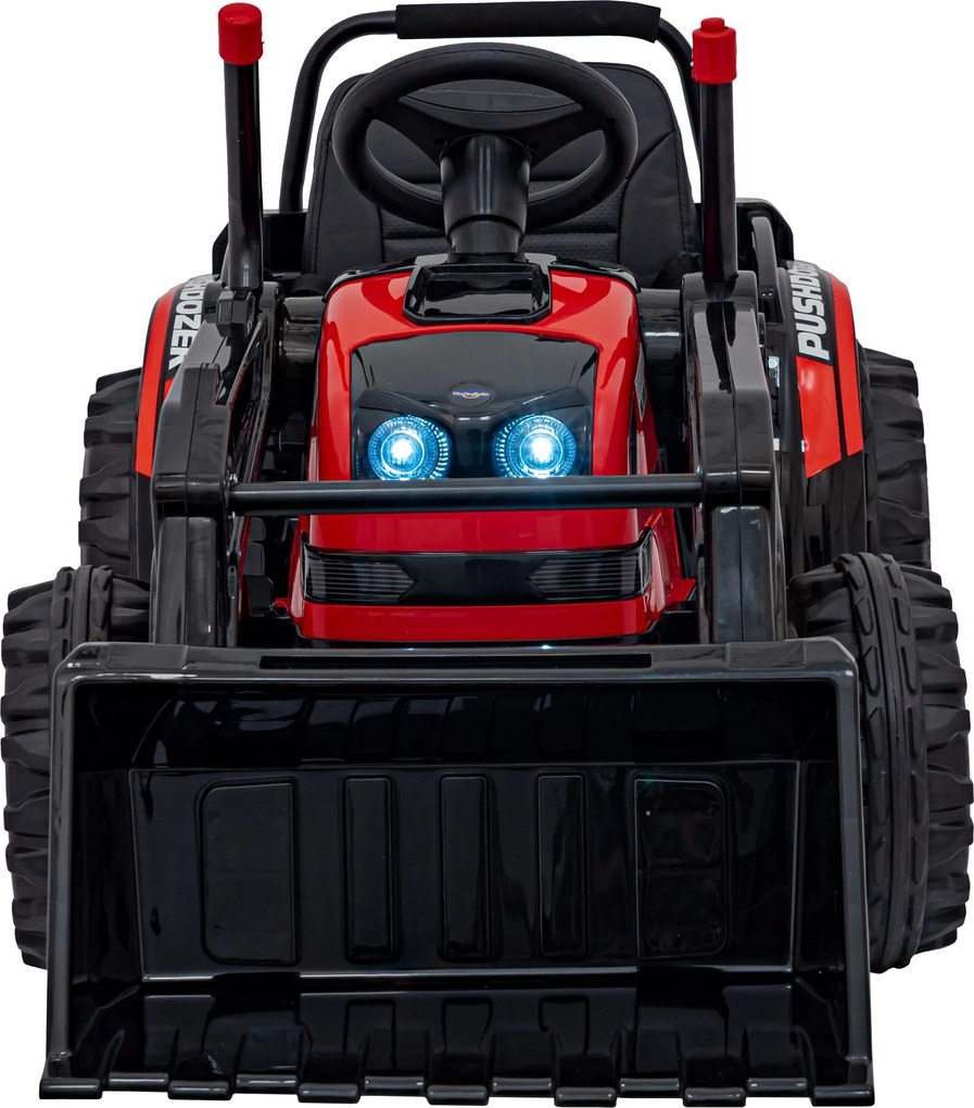 Ramiz Detský traktor na batérie Červený + pohyblivé rameno s lyžicou + diaľkové ovládanie + pomalý štart + FM rádio + LED