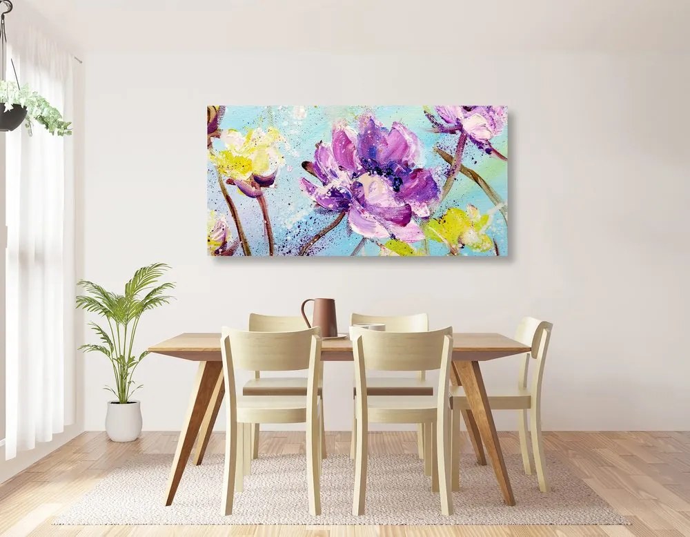 Obraz jarné fialové a žlté kvety - 120x60