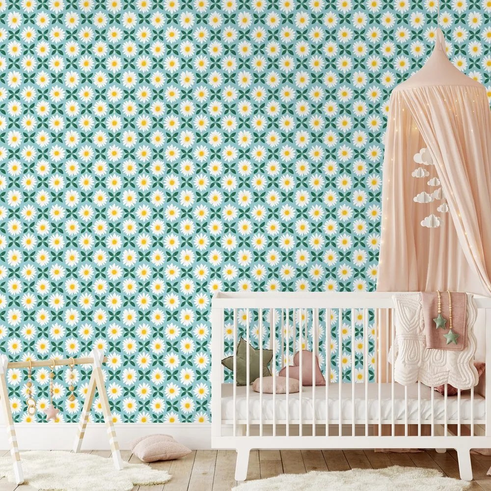 Samolepiaca tapeta farebné kvietky na tyrkysovom pozadí