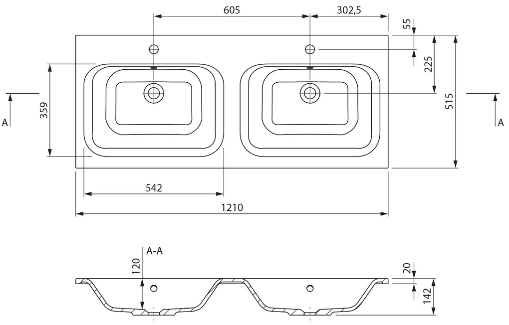 Sapho Sapho, ARECA dvojumývadlo, liaty mramor, 121x51,5cm, biela, AC121