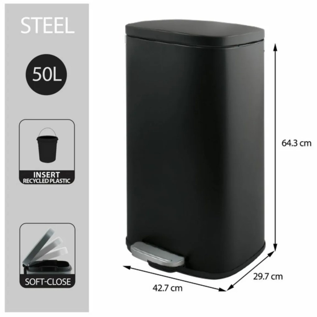 Spirella Akira 50 l odpadkový kôš s pedálom atichým zatváraním, matná čierna, 50 l