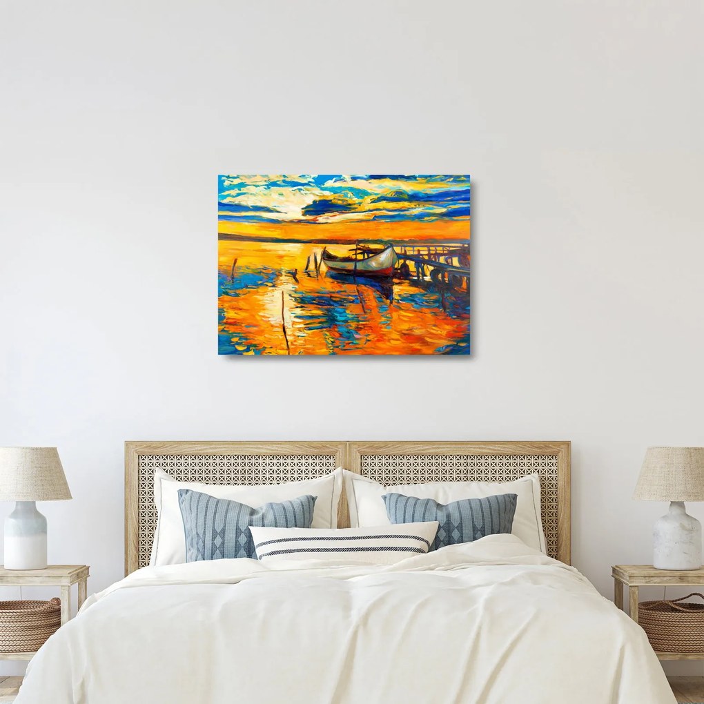 Sklenený obraz - Loďka pri západe slnka (70x50 cm)