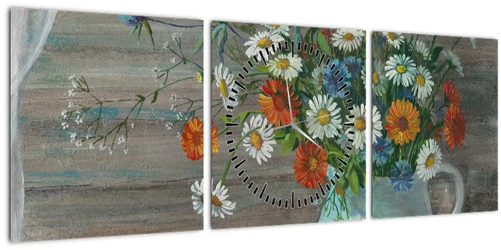 Obraz - Lúčne kvety, olejomaľba (s hodinami) (90x30 cm)