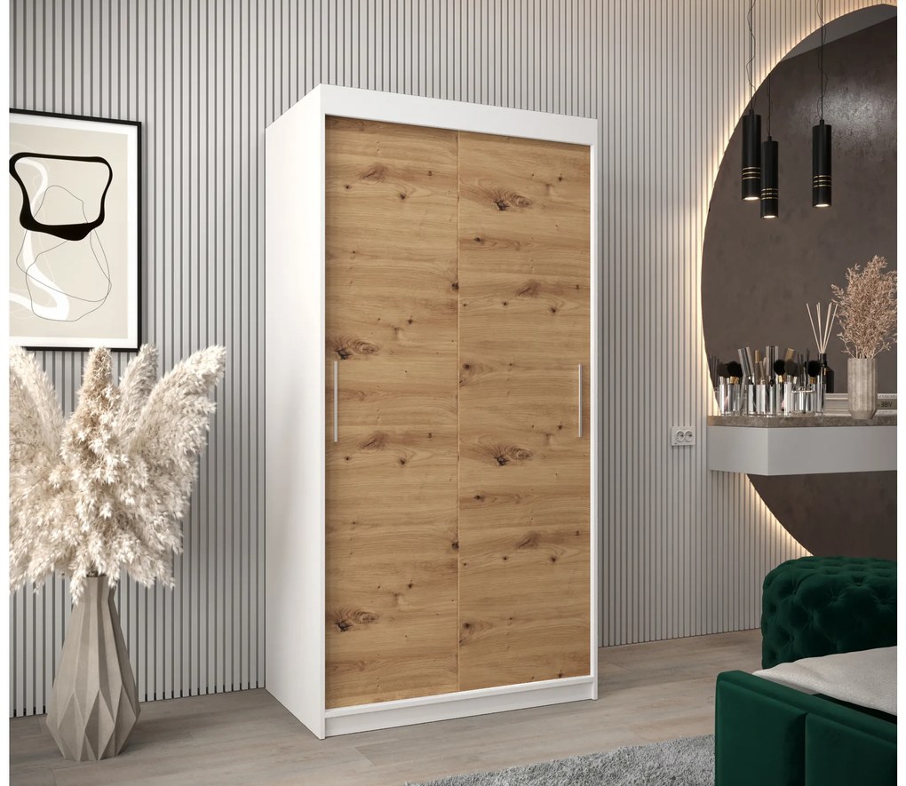 Šatníková skriňa 100 cm Toki (Biela matná + Dub artisan). Akcia -41%. Vlastná spoľahlivá doprava až k Vám domov. 1064791