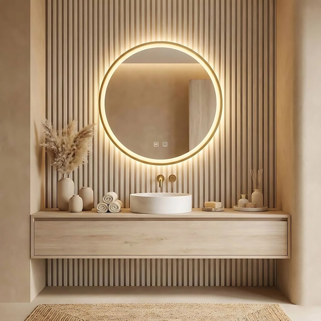 Rea Rea, LED okrúhle zrkadlo v zlatom ráme 70cm, zlatá matná, HOM-02502