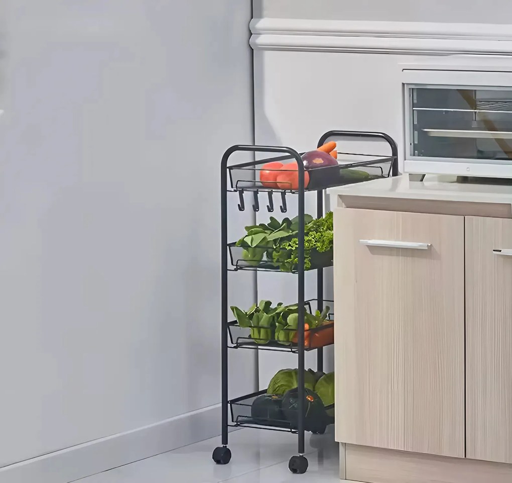 ModernHome Kovový regál so 4 policami -kolieska, čierny