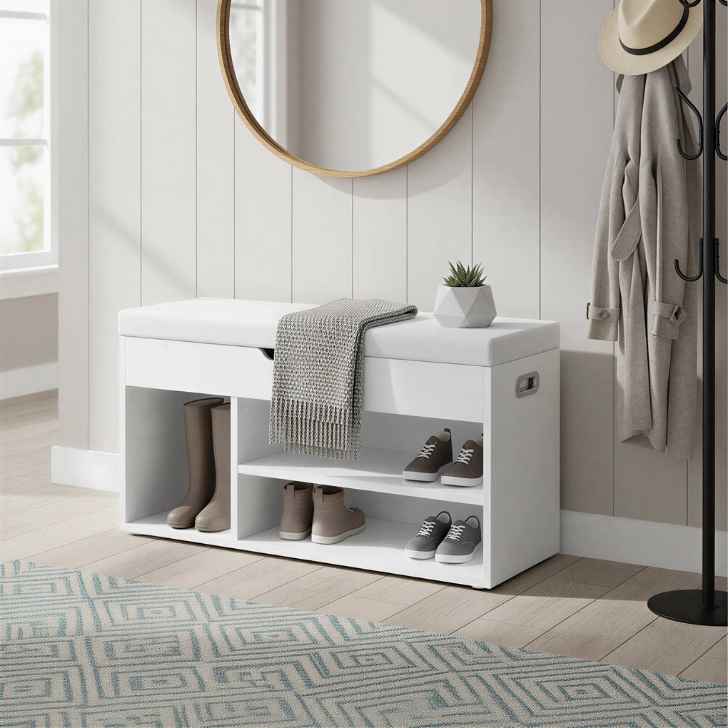 Úložná lavička s vankúšom, čalúnené sedenie na topánky, 30 x 80 x 44 cm, biela