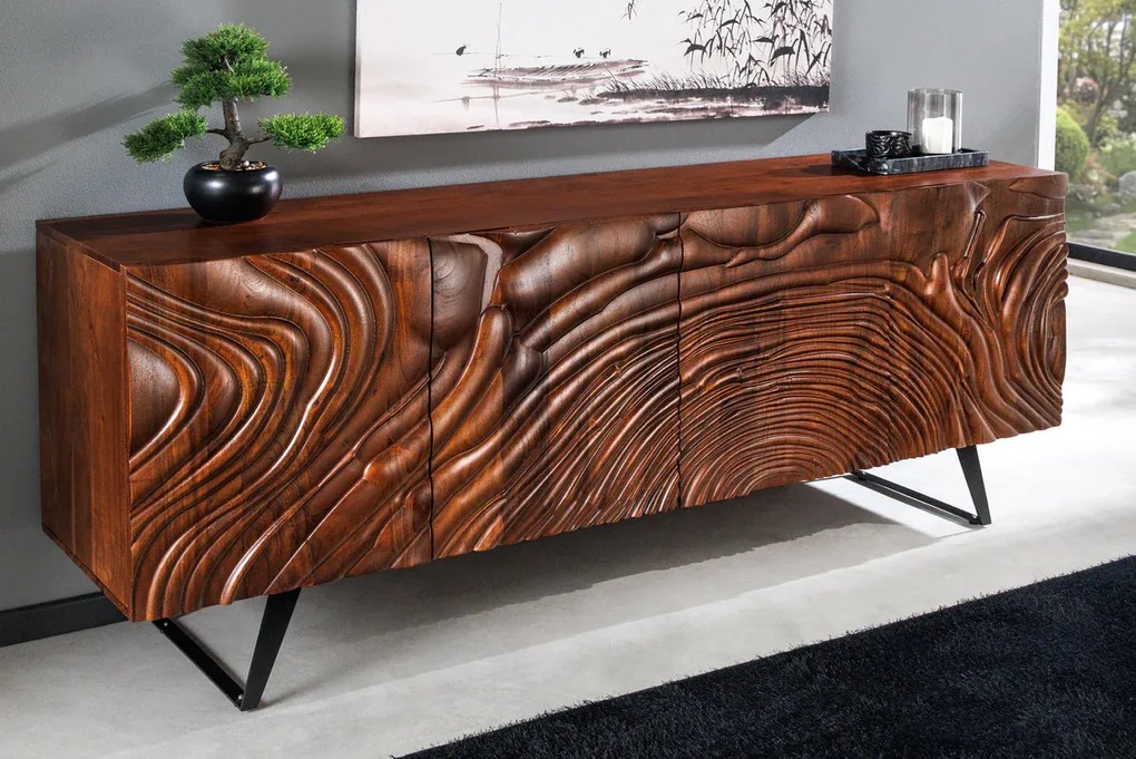 Komoda FLUID 175 cm 3D akáciové drevo orech hnedá