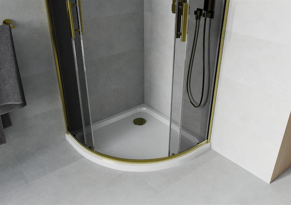 Mexen Rio, štvrťkruhový sprchovací kút s posuvnými dverami 80 (dvere) x 80 (dvere) x 190 cm, 5mm šedé sklo, zlatý profil + biela sprchová vanička SLIM, 863-080-080-50-40-4110G