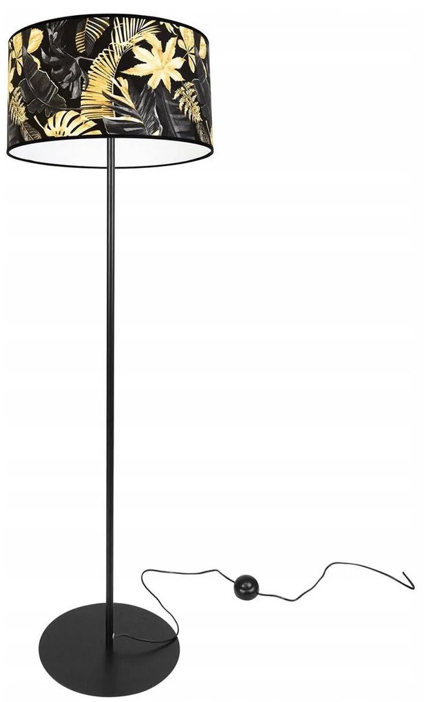 Stojacia lampa Gold Flowers, 1x čierne textilné tienidlo s kvetinovým vzorom, (fi 35cm), o